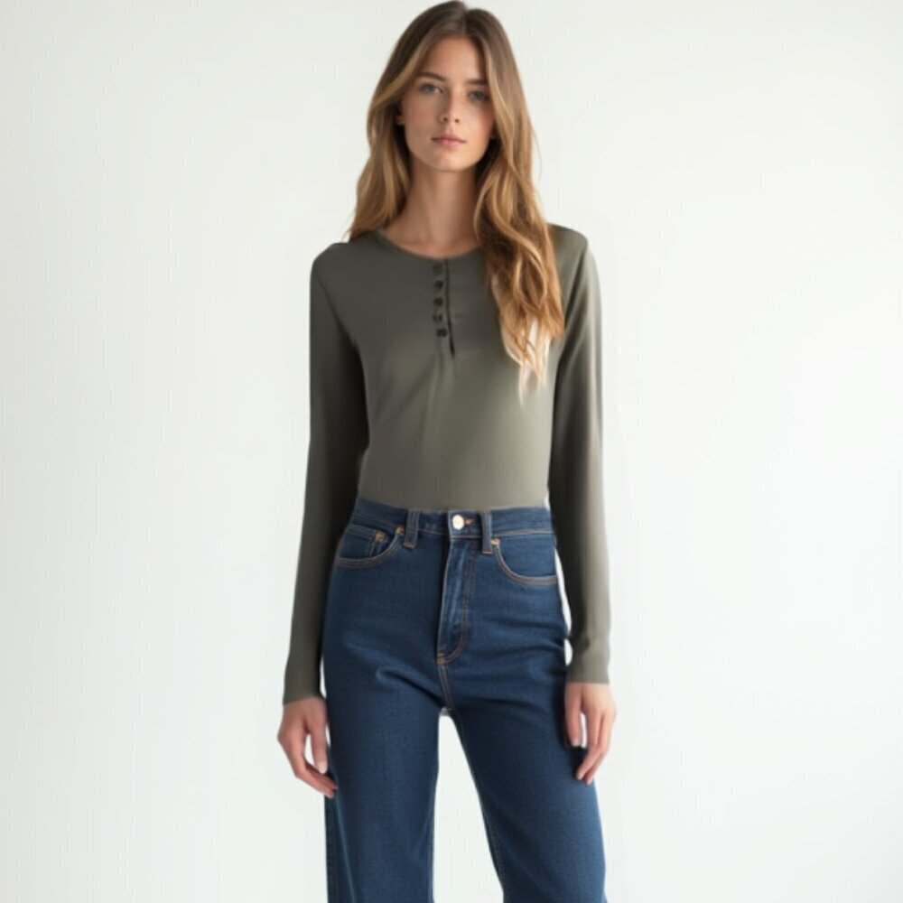 DAZY Gray Long Sleeve Henley Top XXL Women's Olive Green Ribbed Button Knit